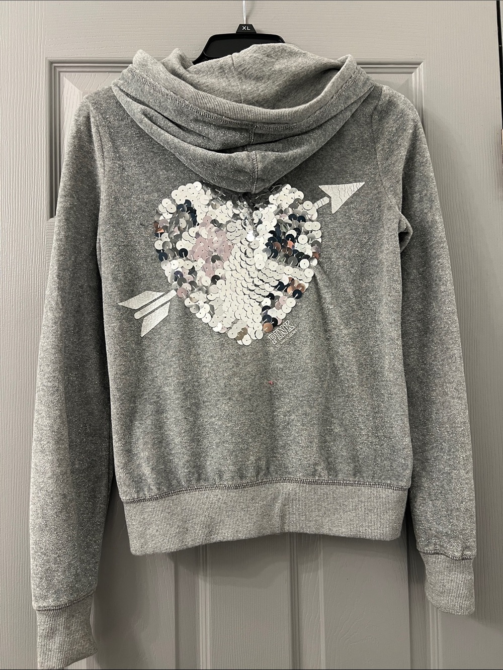 PINK Victoria's Secret Gray Sequin Heart Hoodie Sz XS